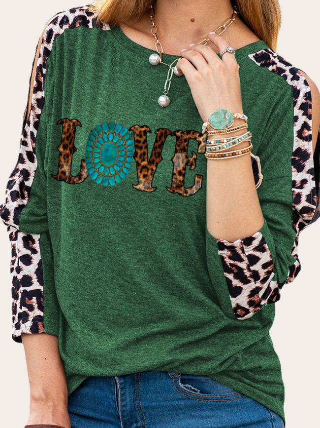 Cowgirl Love Shape Print Long Leopard Sleeve Slim Cutting Sassy Women Shirts Spring Must have Outfit Sweatshirt