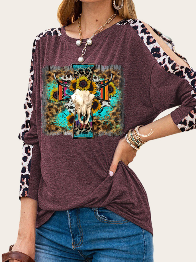 Aztec Cow with Cross Print Long Leopard Sleeve Slim Cutting Sassy Women Shirts Spring Must have Outfit Sweatshirt