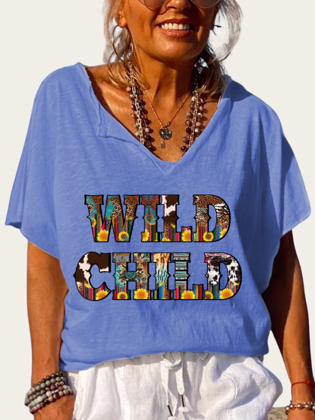 Cowgirl Wild Child Print Trundown Collar T Shirt Women's Loose Short Sleeve Top Spring Plus Size Shirt