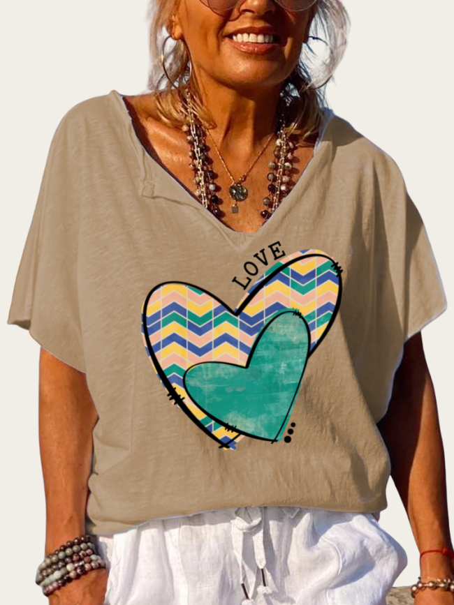 Aztec Heart Shape Trundown Collar T Shirt Women's Loose Short Sleeve Top Spring Plus Size Shirt