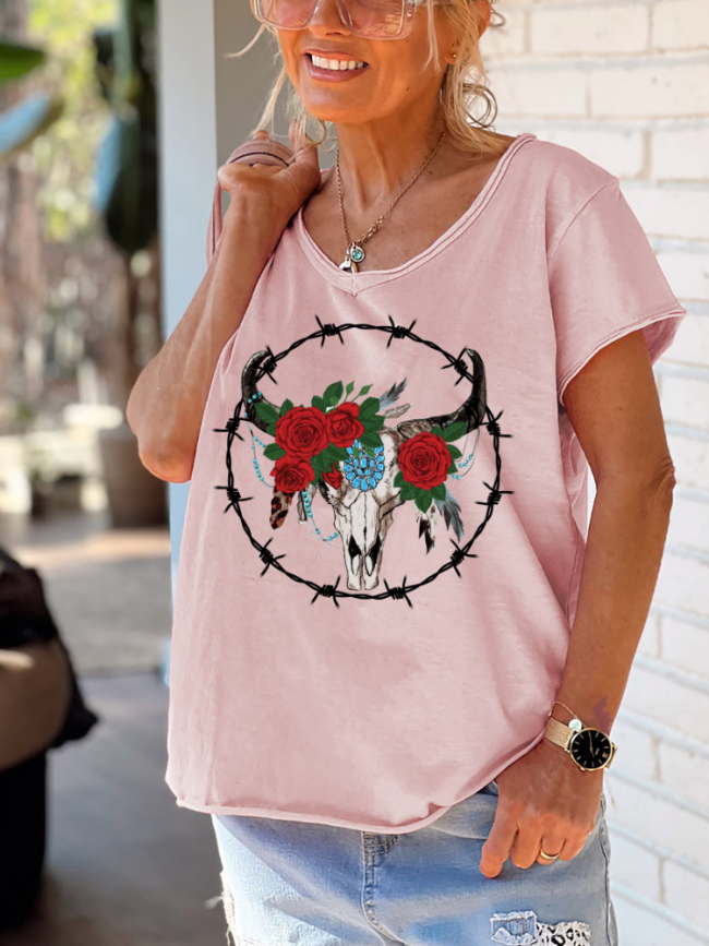 Aztec Cowhead with Rose Graphic Tee Shirt Women's Causal Loose Short Sleeve Top Spring Plus Size Shirt