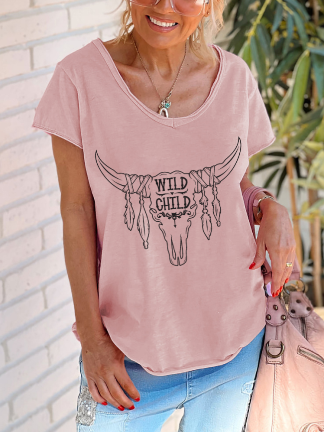 Aztec Cowhead Pattern Tee Shirt Women's Causal Loose Short Sleeve Top Spring Plus Size Shirt