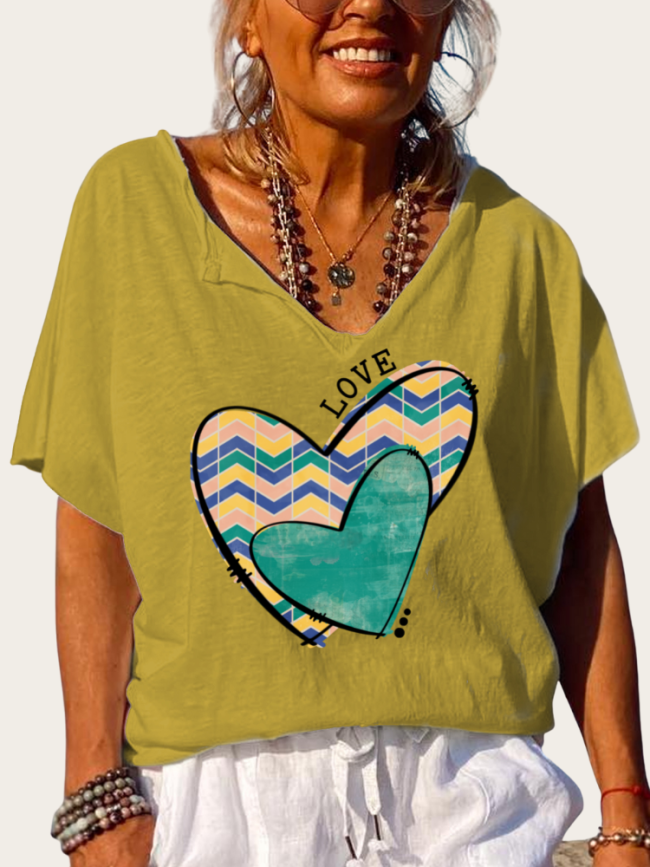 Aztec Heart Shape Trundown Collar T Shirt Women's Loose Short Sleeve Top Spring Plus Size Shirt