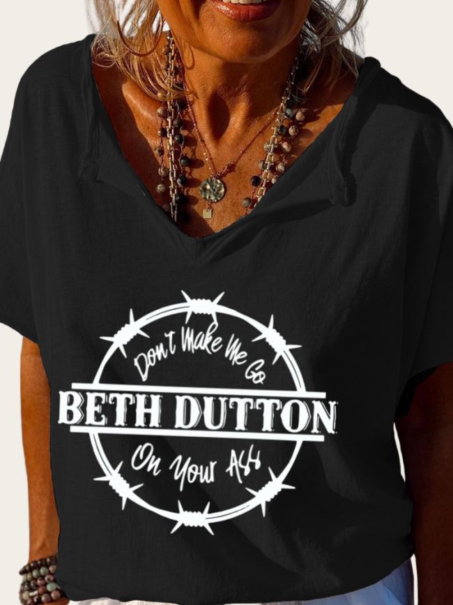 Don't Make me beth dutton on you Print Trundown Collar T Shirt Women's Loose Short Sleeve Top Spring Plus Size Shirt