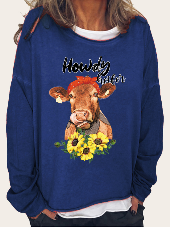 Cow with Rose Women's Western Style Long Sleeve Loose Cutting Plus Size Spring/Fall Sweatshirt