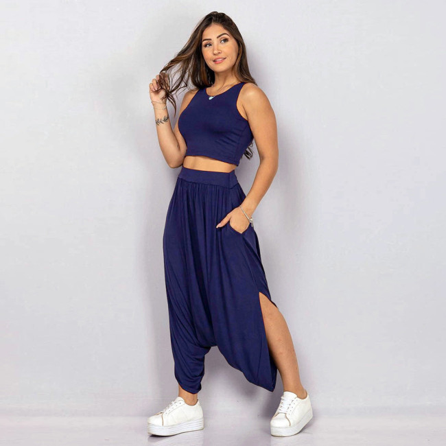 2022 Womens Casual Two Piece Set Sports Sleeveless T-shirt and Wide Leg Trousers Pant