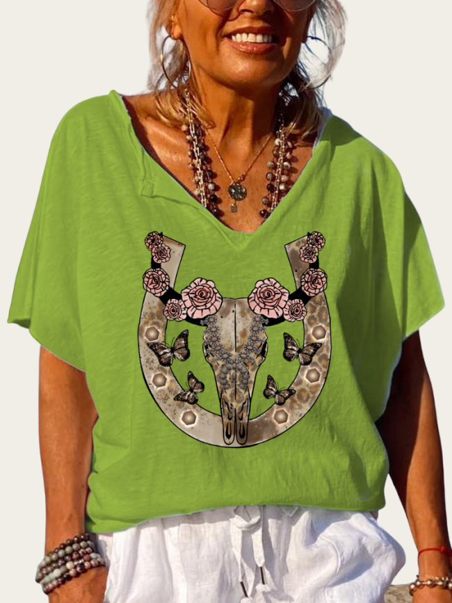Aztec Cowhead skull Print Trundown Collar T Shirt Women's Loose Short Sleeve Top Spring Plus Size Shirt