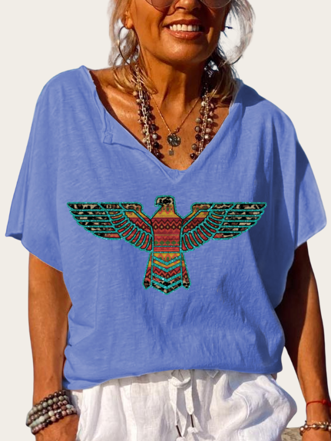 Aztec Eagle Print Trundown Collar T Shirt Women's Loose Short Sleeve Top Spring Plus Size Shirt