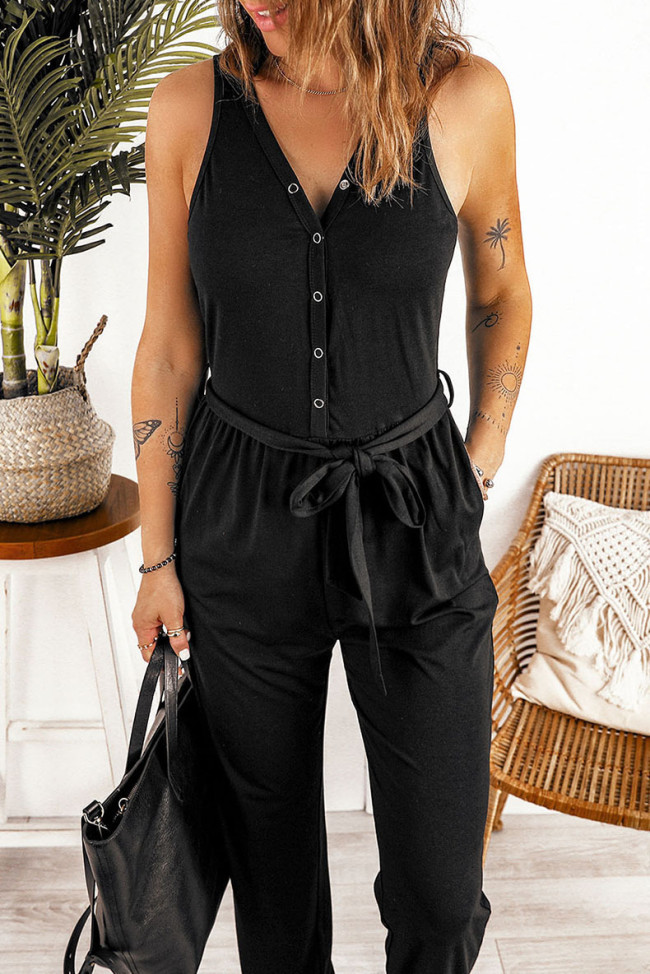 Women's Sleeveless Jumpsuit Solid Color V-Neck Waist Tie Casual Pant