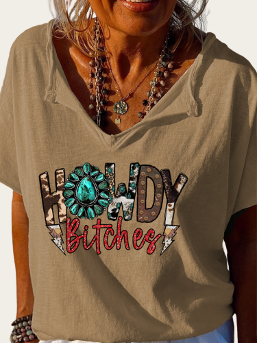 Cowgirl Howdy Print Trundown Collar T Shirt Women's Loose Short Sleeve Top Spring Plus Size Shirt