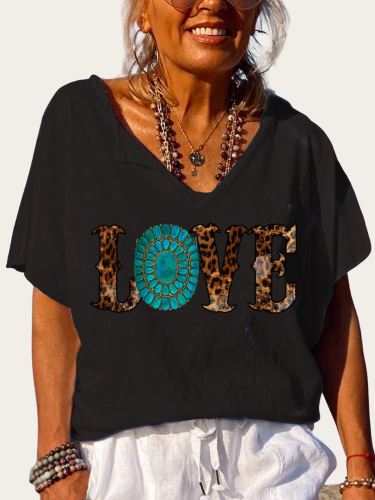 Aztec Love Shape Trundown Collar T Shirt Women's Loose Short Sleeve Top Spring Plus Size Shirt