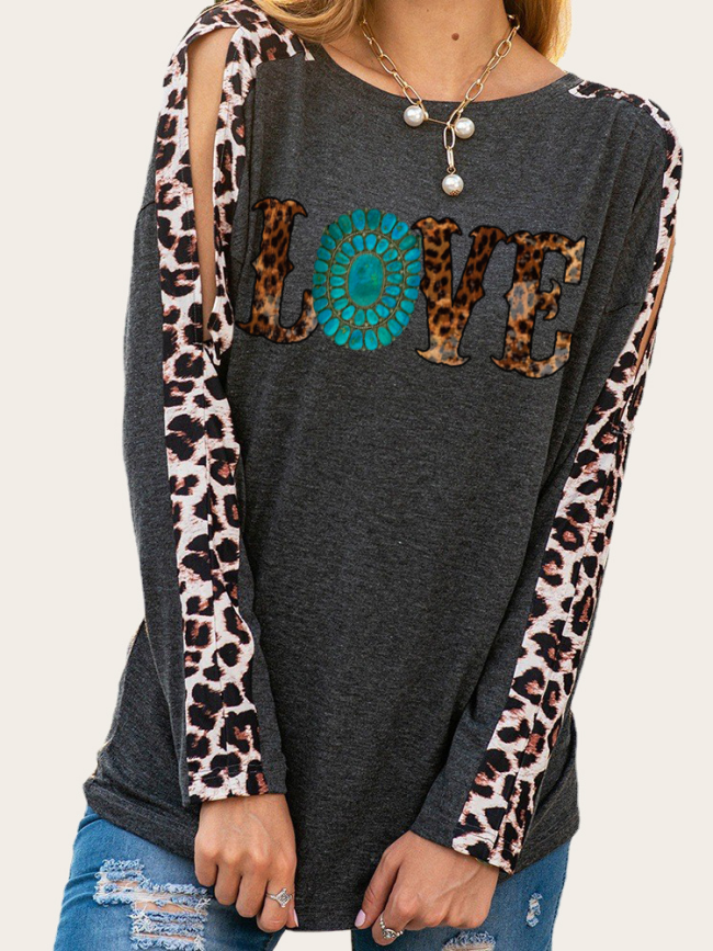 Cowgirl Love Shape Print Long Leopard Sleeve Slim Cutting Sassy Women Shirts Spring Must have Outfit Sweatshirt