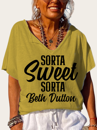 Sort Of Beth Dutton Print Trundown Collar T Shirt Women's Loose Short Sleeve Top Spring Plus Size Shirt