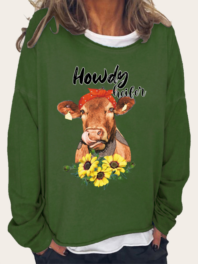 Cow with Rose Women's Western Style Long Sleeve Loose Cutting Plus Size Spring/Fall Sweatshirt