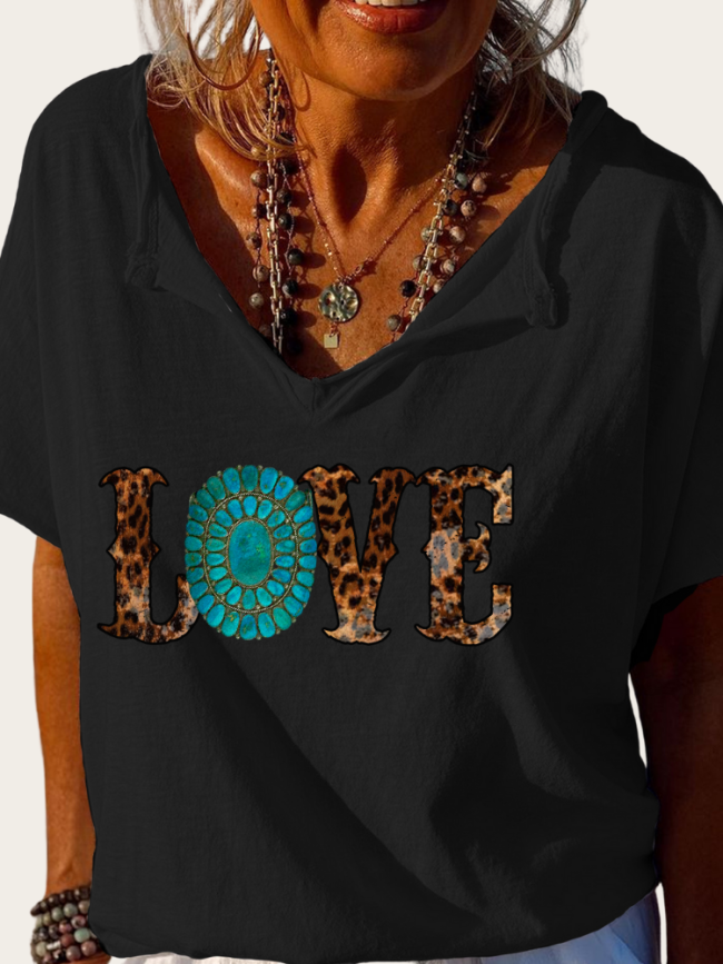 Aztec Love Shape Trundown Collar T Shirt Women's Loose Short Sleeve Top Spring Plus Size Shirt