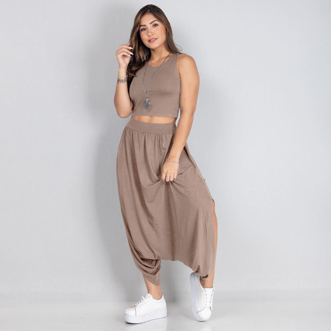 2022 Womens Casual Two Piece Set Sports Sleeveless T-shirt and Wide Leg Trousers Pant