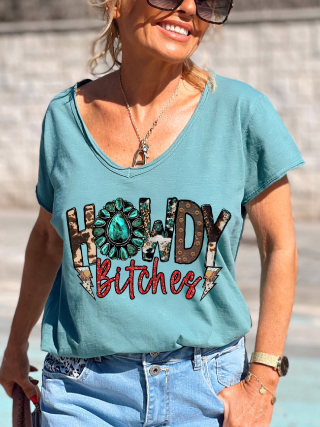 Cowgirl Howdy Bith Pattern T Shirt Women's Causal Loose Short Sleeve Top Spring Plus Size Shirt