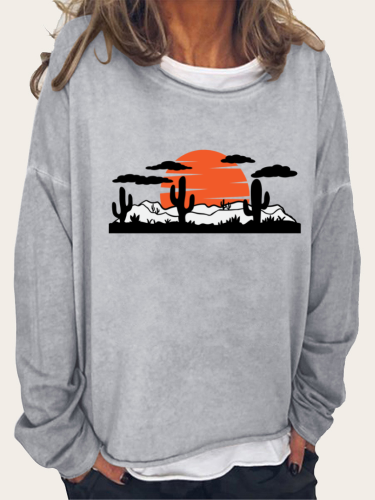 Cactus Print Women's Western Style Long Sleeve Loose Cutting Plus Size Spring/Fall Sweatshirt
