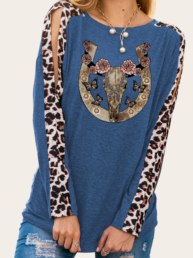 Atect Cow Skull Leopard Long Sleeve Slim Cutting Sassy Women Shirts Spring Must have Outfit