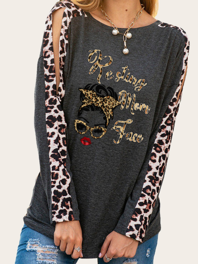 Rusting Mom Face Print Long Leopard Sleeve Slim Cutting Sassy Women Shirts Spring Must have Outfit Sweatshirt
