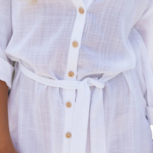 Women Linen Shirt Dress Sexy Mid-Sleeve Buttoned Slit Dress