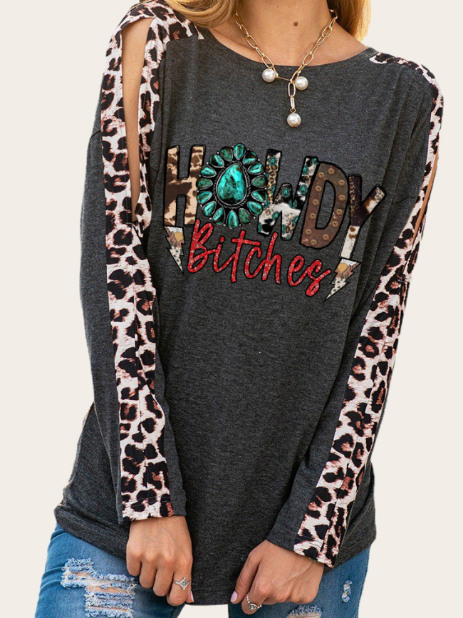 Howdy with Flower Print Long Leopard Sleeve Slim Cutting Sassy Women Shirts Spring Must have Outfit Sweatshirt