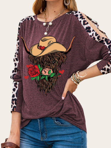 Cow With Rose Print Long Leopard Sleeve Slim Cutting Sassy Women Shirts Spring Must have Outfit Sweatshirt