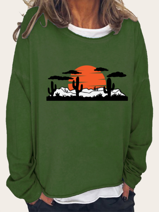 Cactus Print Women's Western Style Long Sleeve Loose Cutting Plus Size Spring/Fall Sweatshirt