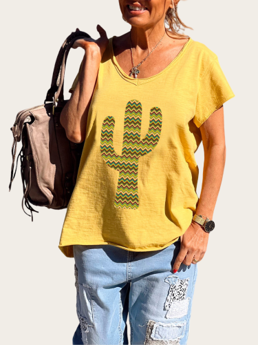 Aztec Cactus Pattern Tee Shirt Women's Causal Loose Short Sleeve Top Spring Plus Size Shirt