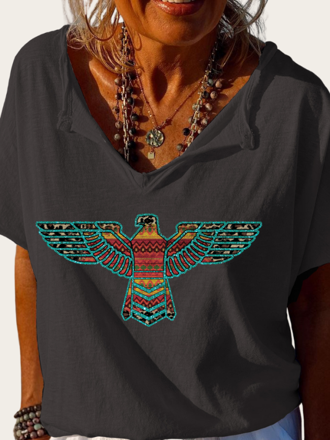 Aztec Eagle Print Trundown Collar T Shirt Women's Loose Short Sleeve Top Spring Plus Size Shirt