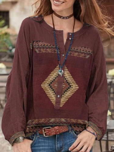 2022 Women's Aztec Native Ethnic Geometric Pattern Long Sleeve Crew Neck Casual T-Shirt Top