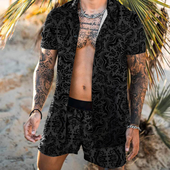 Men's Beach Shirt Set Floral Print Casual Top and Short Two Piece Set