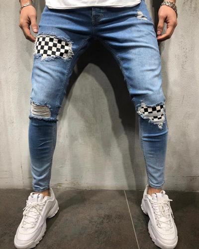 Men's Ripped Jeans Slim Fit  Grid Pattern Lining Denim Pants Distressed Tapered Leg Jeans with Holes