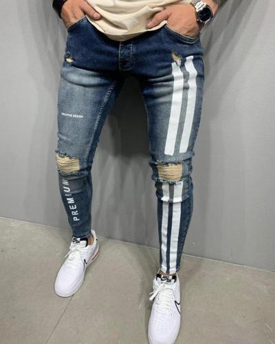 Men's Ripped Jeans Slim Fit Stripe Printed Distressed Tapered Leg Jeans with Holes