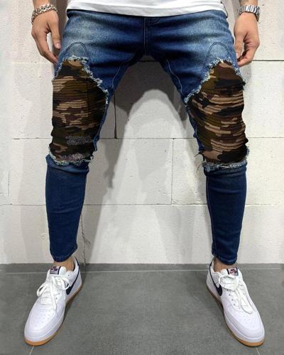 Men's Ripped Jeans Slim Fit Denim Blue Tapered Leg Jeans with Big Holes