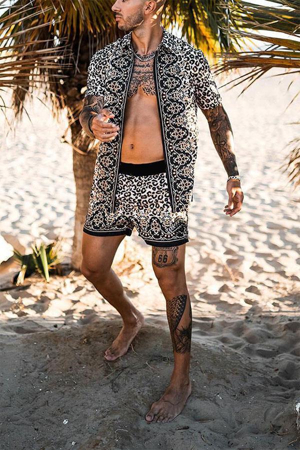 Men's Beach Shirt Set Leopard Print Casual Top and Short Two Piece Set