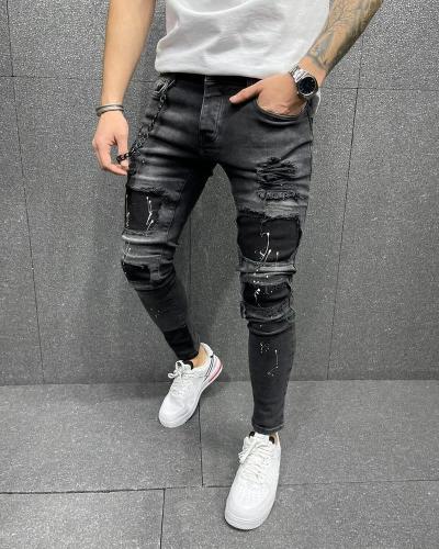 Men's Ripped Jeans Slim Fit  Black Denim Pants Distressed Tapered Leg Jeans with Holes