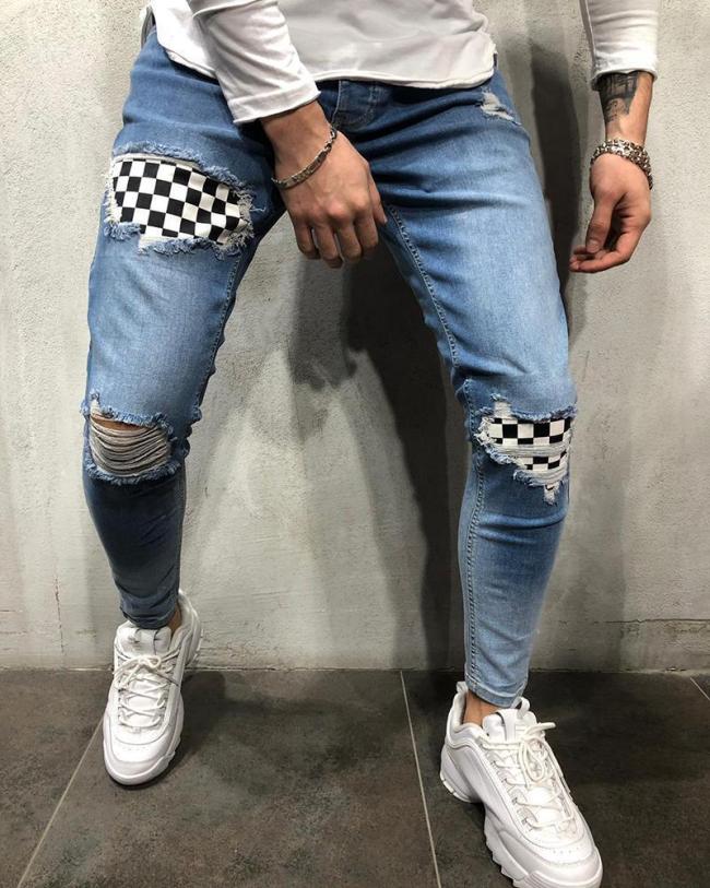 Men's Ripped Jeans Slim Fit  Grid Pattern Lining Denim Pants Distressed Tapered Leg Jeans with Holes
