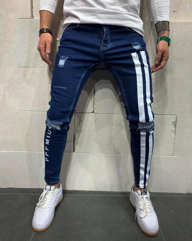 Men's Ripped Jeans Slim Fit Stripe Printed Distressed Tapered Leg Jeans with Holes