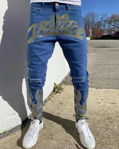 Men's Ripped Jeans Hot-Drilled Blue Denim Jeans