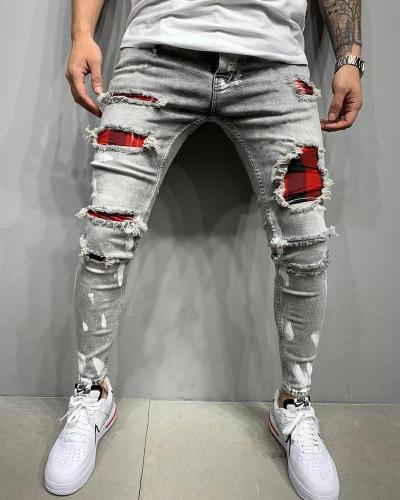 Men's Ripped Jeans Slim Fit Plaid Denim Pants Distressed Tapered Leg Jeans with Holes