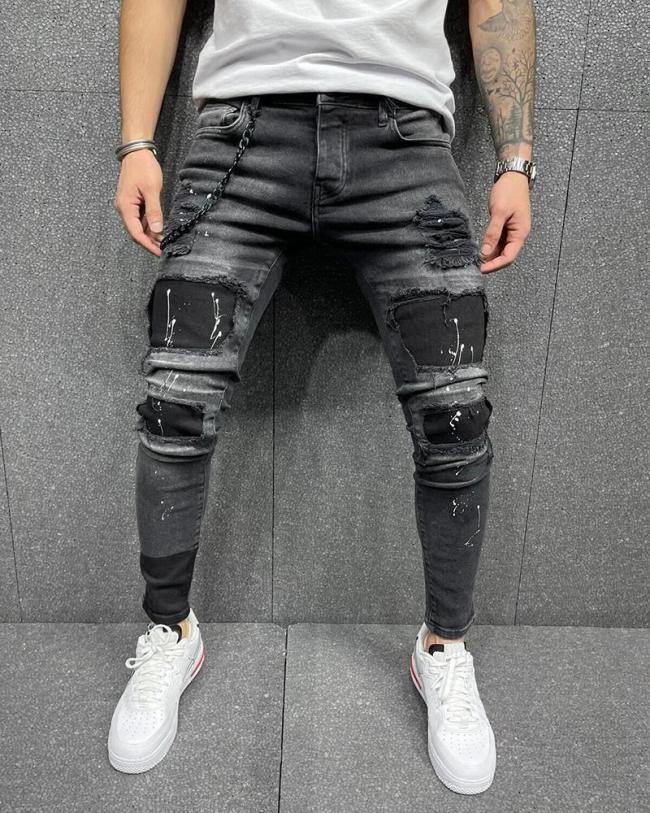 Men's Ripped Jeans Slim Fit  Black Denim Pants Distressed Tapered Leg Jeans with Holes