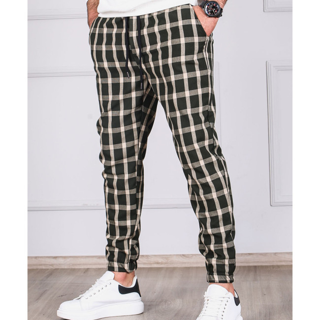 Men's Skinny Slim Fit Drawstring Trouser Plaid Pattern Tapered Leg Pant