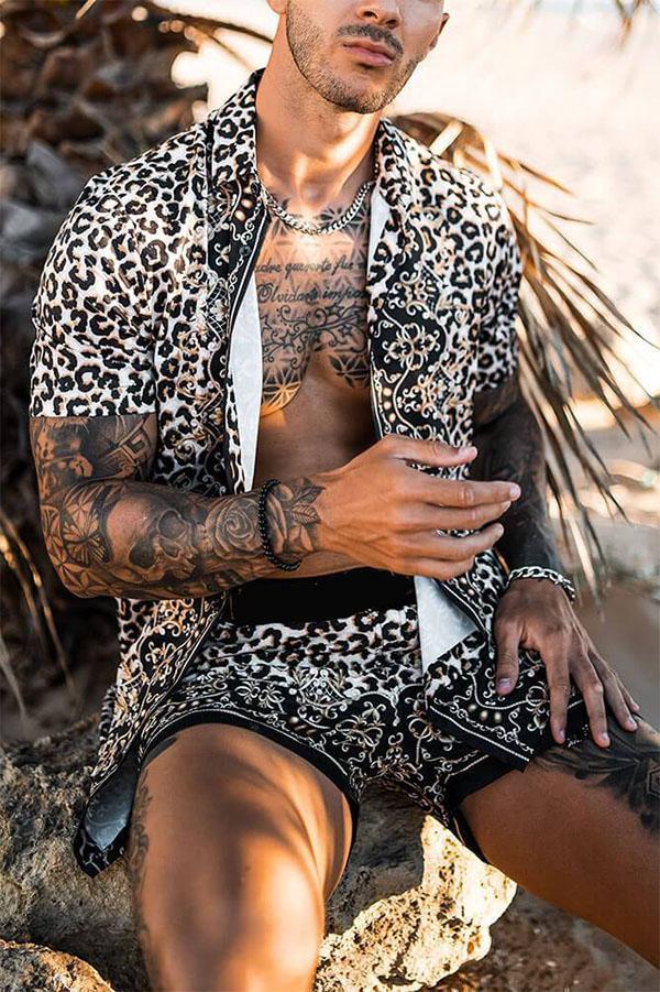 Men's Beach Shirt Set Leopard Print Casual Top and Short Two Piece Set