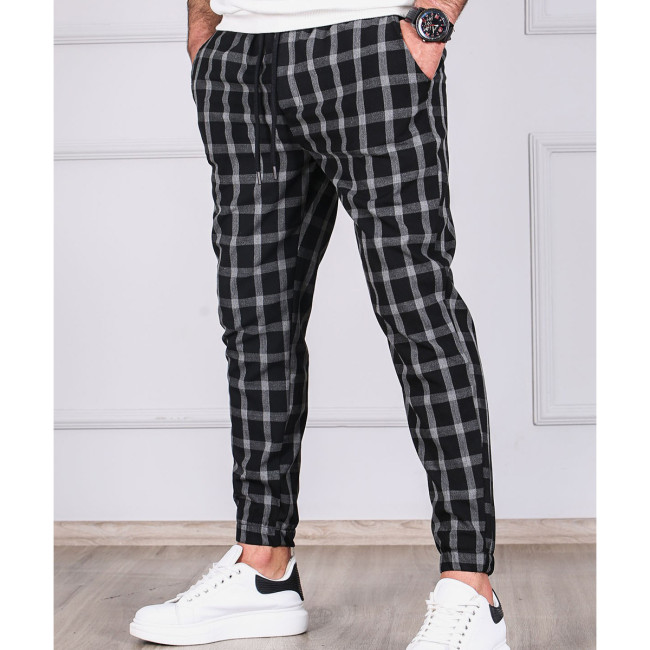 Men's Skinny Slim Fit Drawstring Trouser Plaid Pattern Tapered Leg Pant