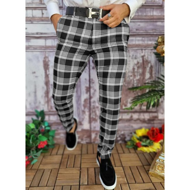 Men's Skinny Slim Fit Plaid Pattern Long Pant