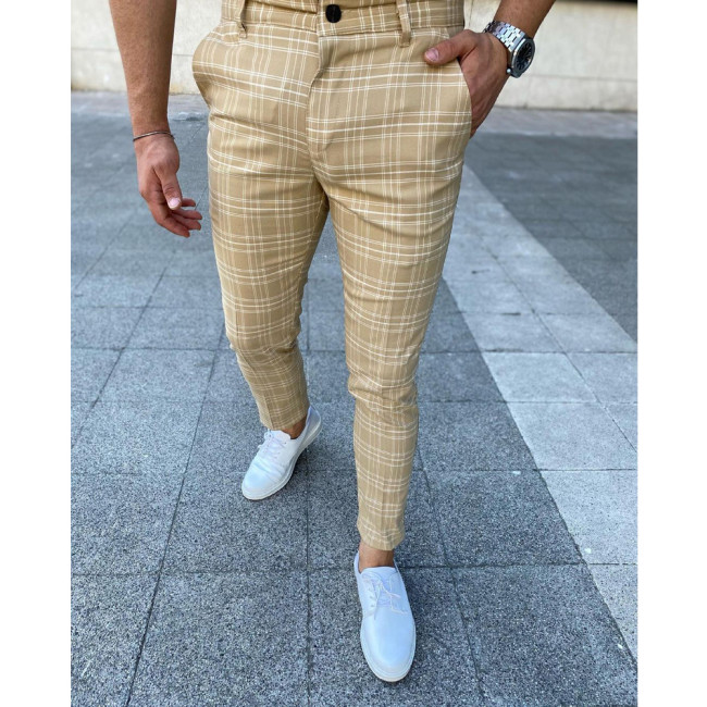 Men's Skinny Slim Fit Trouser Plaid Pattern Tapered Leg Jeans