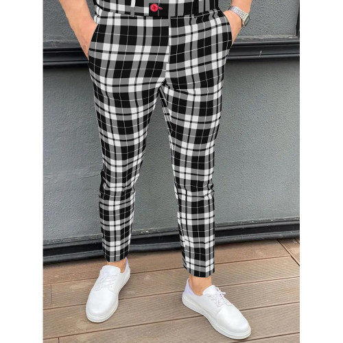 Men's Skinny Slim Fit Plaid Pattern Long Casual Pant