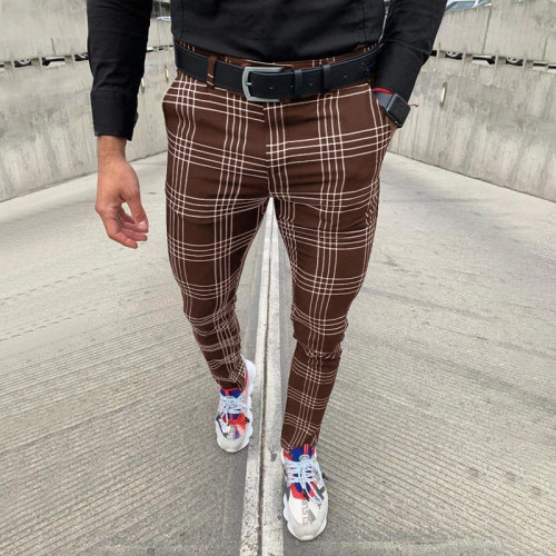 Men's Skinny Slim Fit Trouser Plaid Pattern Tapered Leg Casual Pant