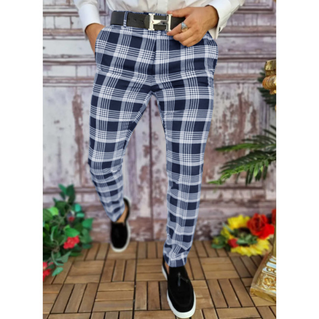 Men's Skinny Slim Fit Plaid Pattern Long Pant